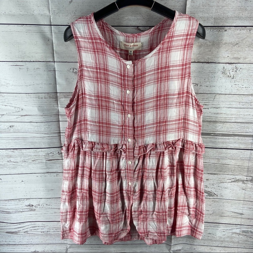 Max Studio London Ruffled Plaid Top Red M